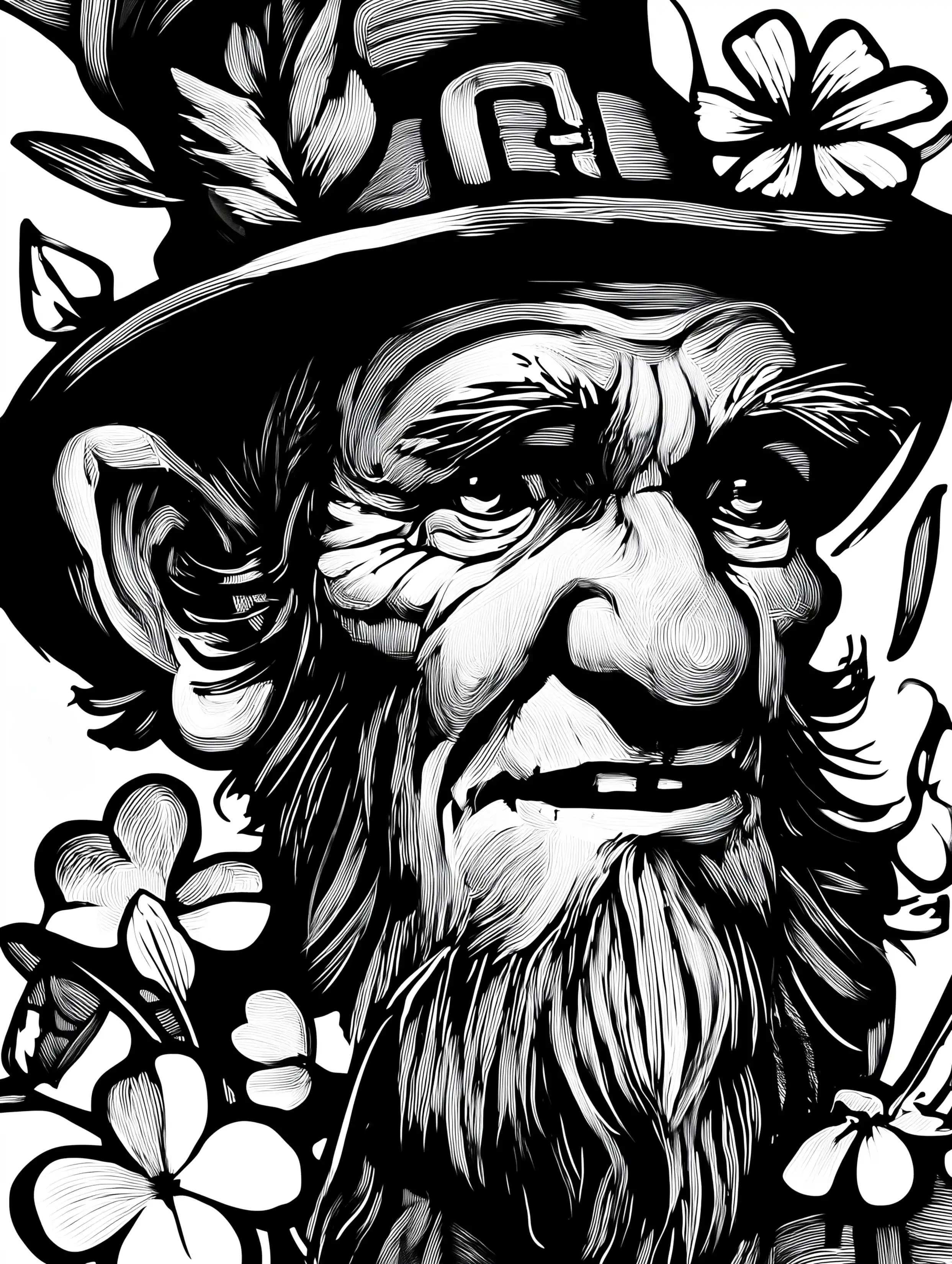 Free printable St Patricks Day coloring page for adults featuring a leprechaun wearing a top hat